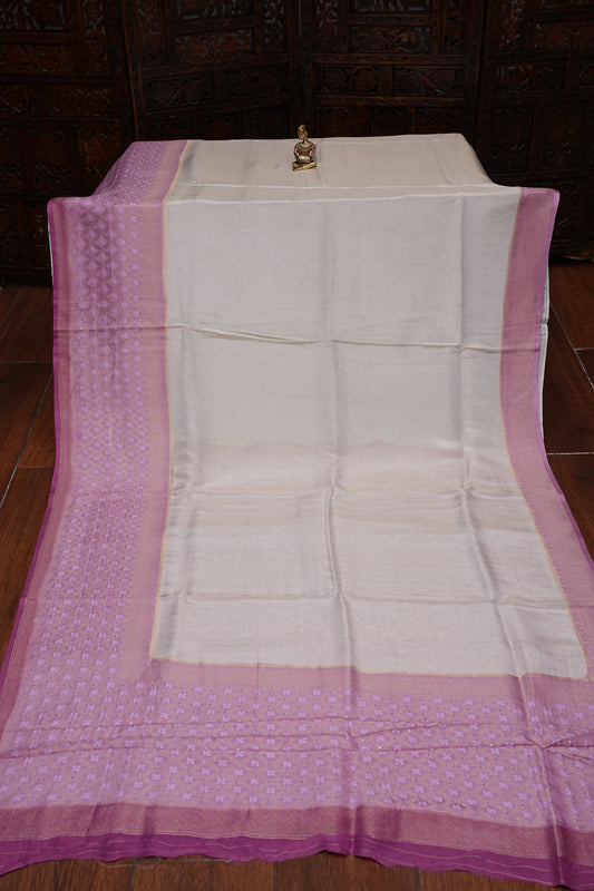 Pure Mellow Tissue Silk Saree with Bandhini Patterns - Ivory & Baby PInk