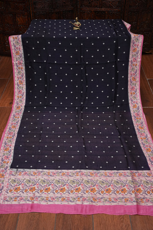 Tussar Banarasi Raw Silk Saree with Floral Paithani Weaves – Black & Pink