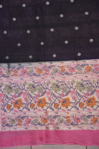 Tussar Banarasi Raw Silk Saree with Floral Paithani Weaves – Black & Pink