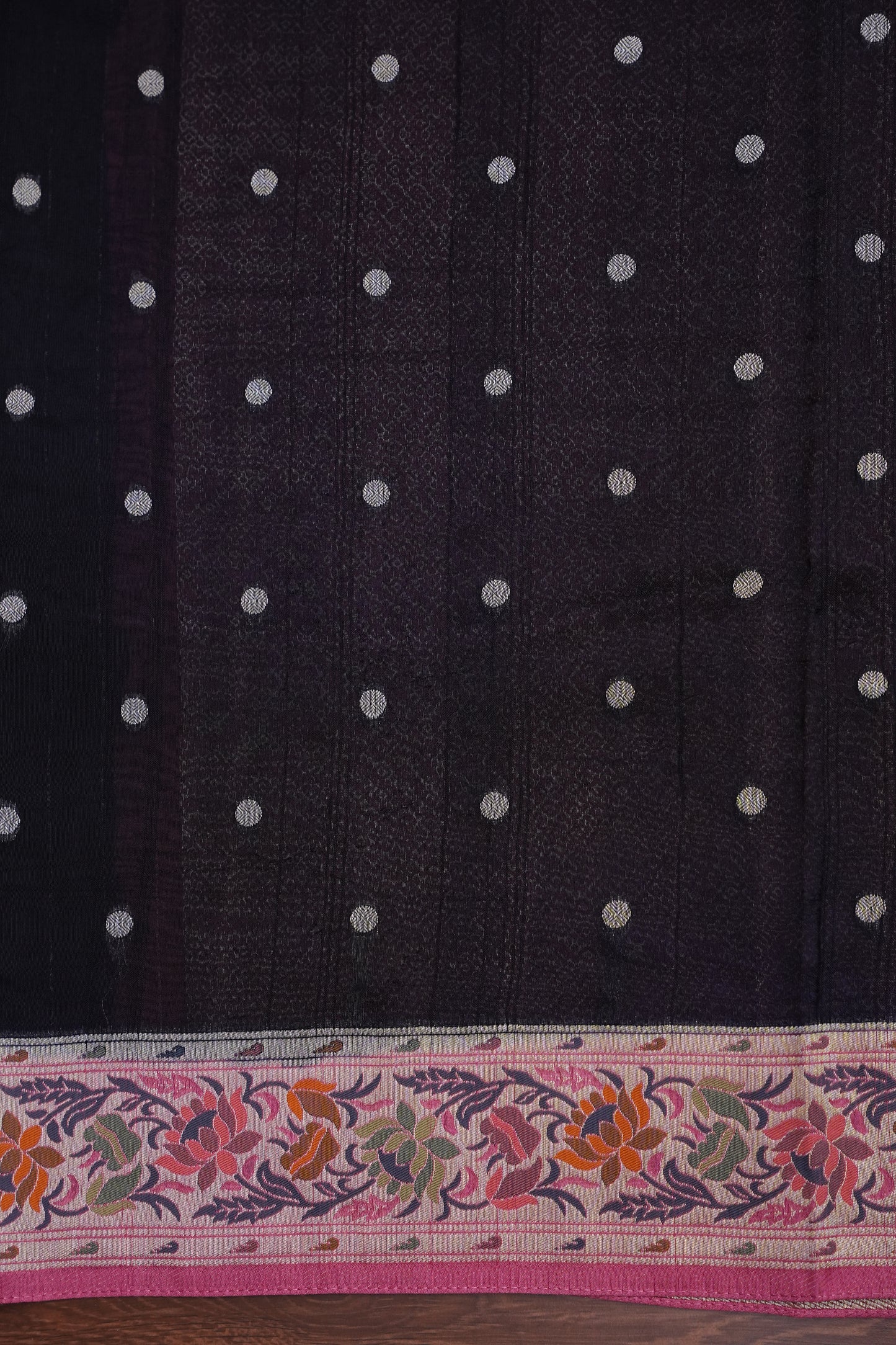 Tussar Banarasi Raw Silk Saree with Floral Paithani Weaves – Black & Pink