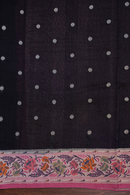 Tussar Banarasi Raw Silk Saree with Floral Paithani Weaves – Black & Pink