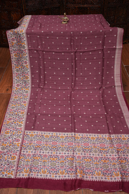 Tussar Banarasi Raw Silk Saree with Floral Paithani Weaves – Mauve Pink & Wine Border