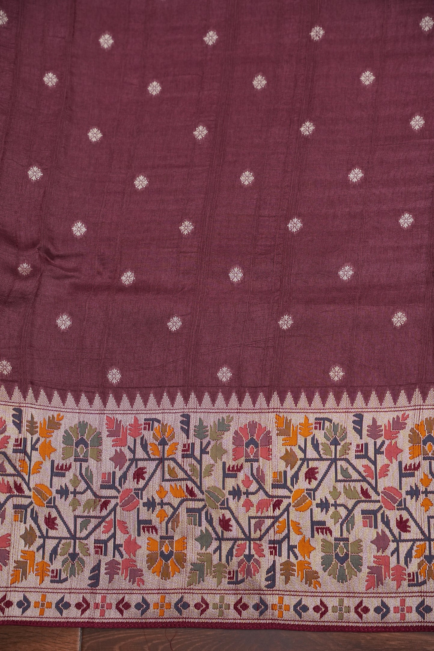 Tussar Banarasi Raw Silk Saree with Floral Paithani Weaves – Mauve Pink & Wine Border