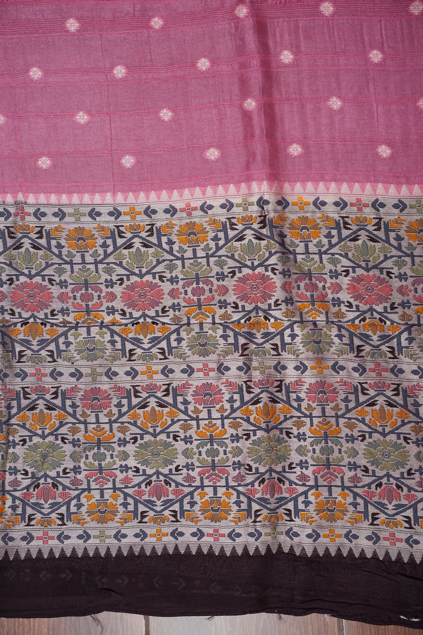 Tussar Banarasi Raw Silk Saree with Floral Paithani Weaves – Blush Pink & Deep Wine Border