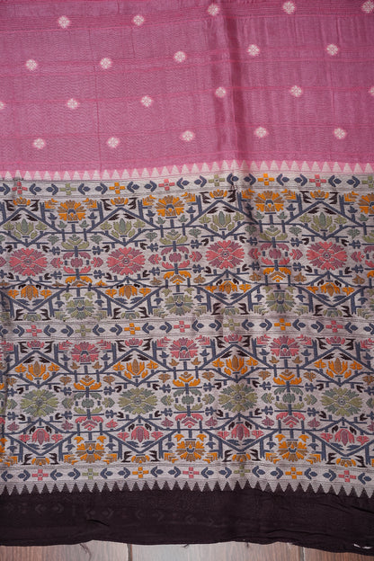 Tussar Banarasi Raw Silk Saree with Floral Paithani Weaves – Blush Pink & Deep Wine Border