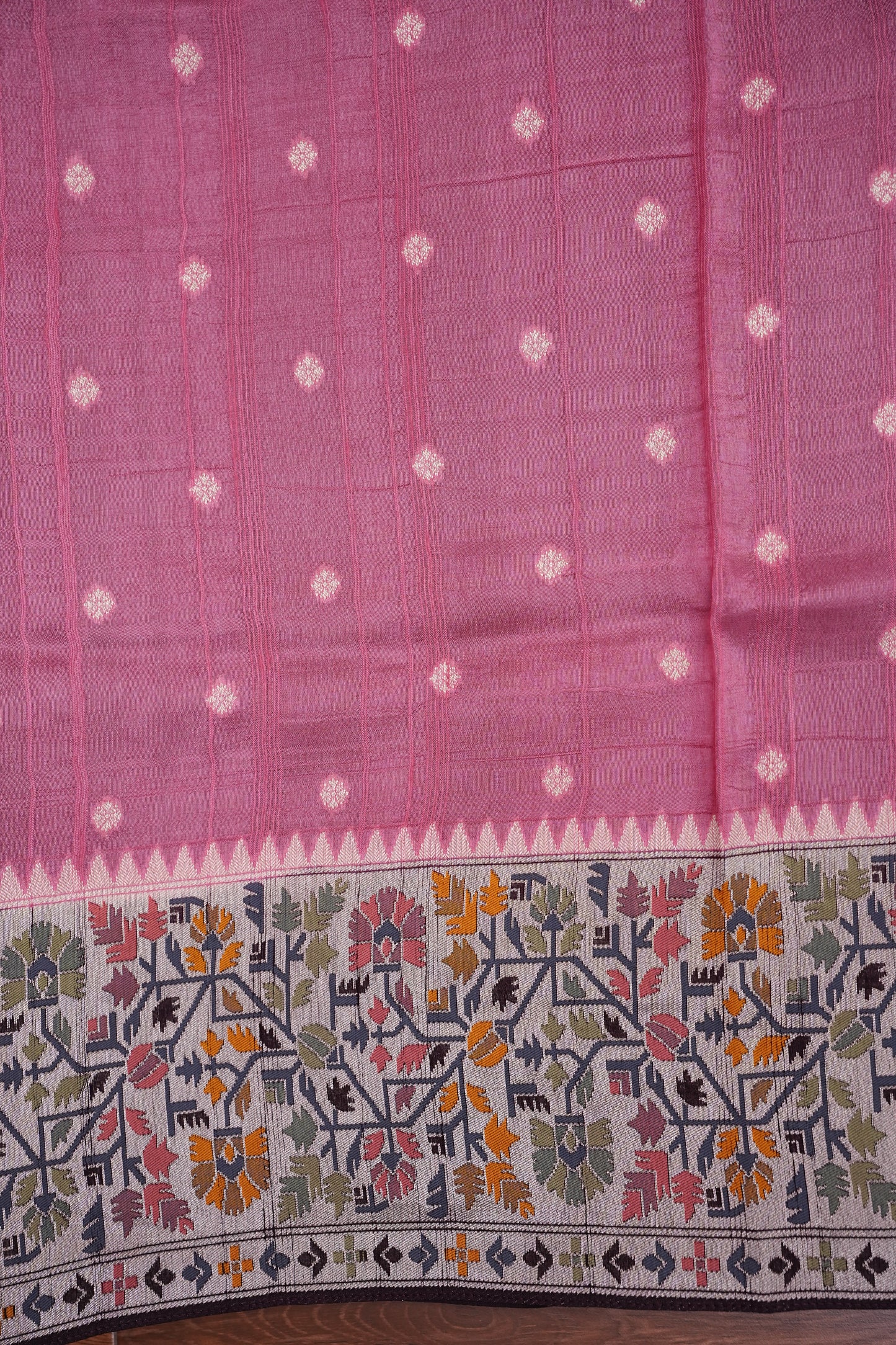 Tussar Banarasi Raw Silk Saree with Floral Paithani Weaves – Blush Pink & Deep Wine Border