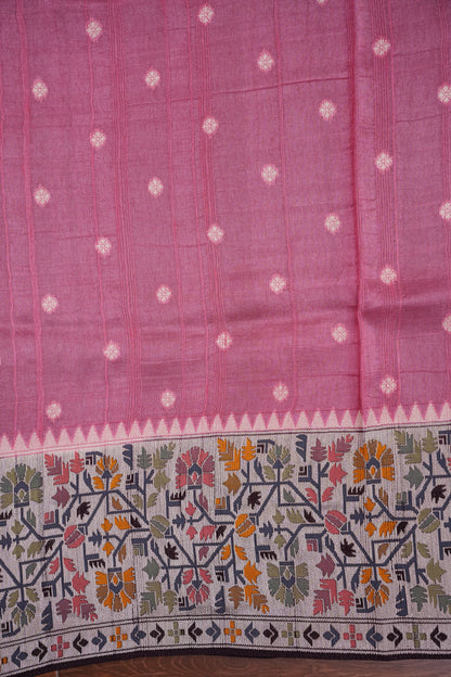 Tussar Banarasi Raw Silk Saree with Floral Paithani Weaves – Blush Pink & Deep Wine Border