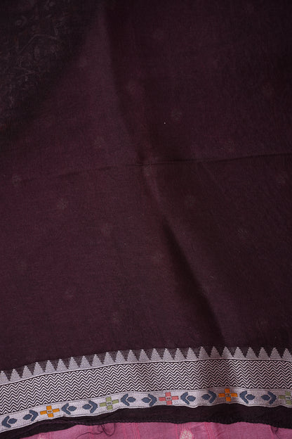 Tussar Banarasi Raw Silk Saree with Floral Paithani Weaves – Blush Pink & Deep Wine Border