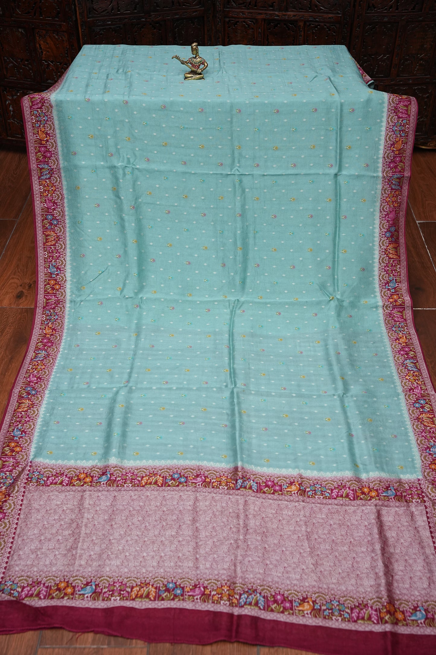 Tussar Banarasi Raw Silk Saree with Floral Paithani Weaves – Mint Green & Wine