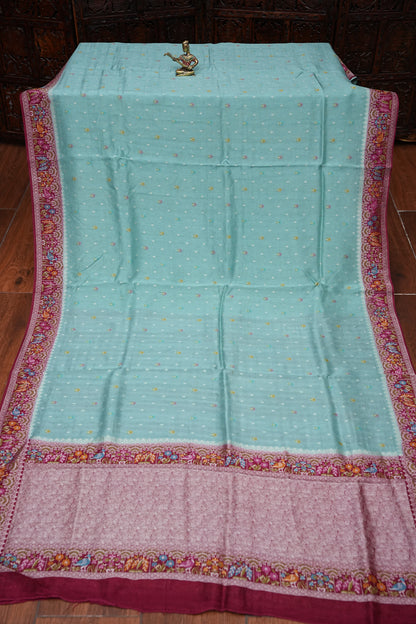Tussar Banarasi Raw Silk Saree with Floral Paithani Weaves – Mint Green & Wine