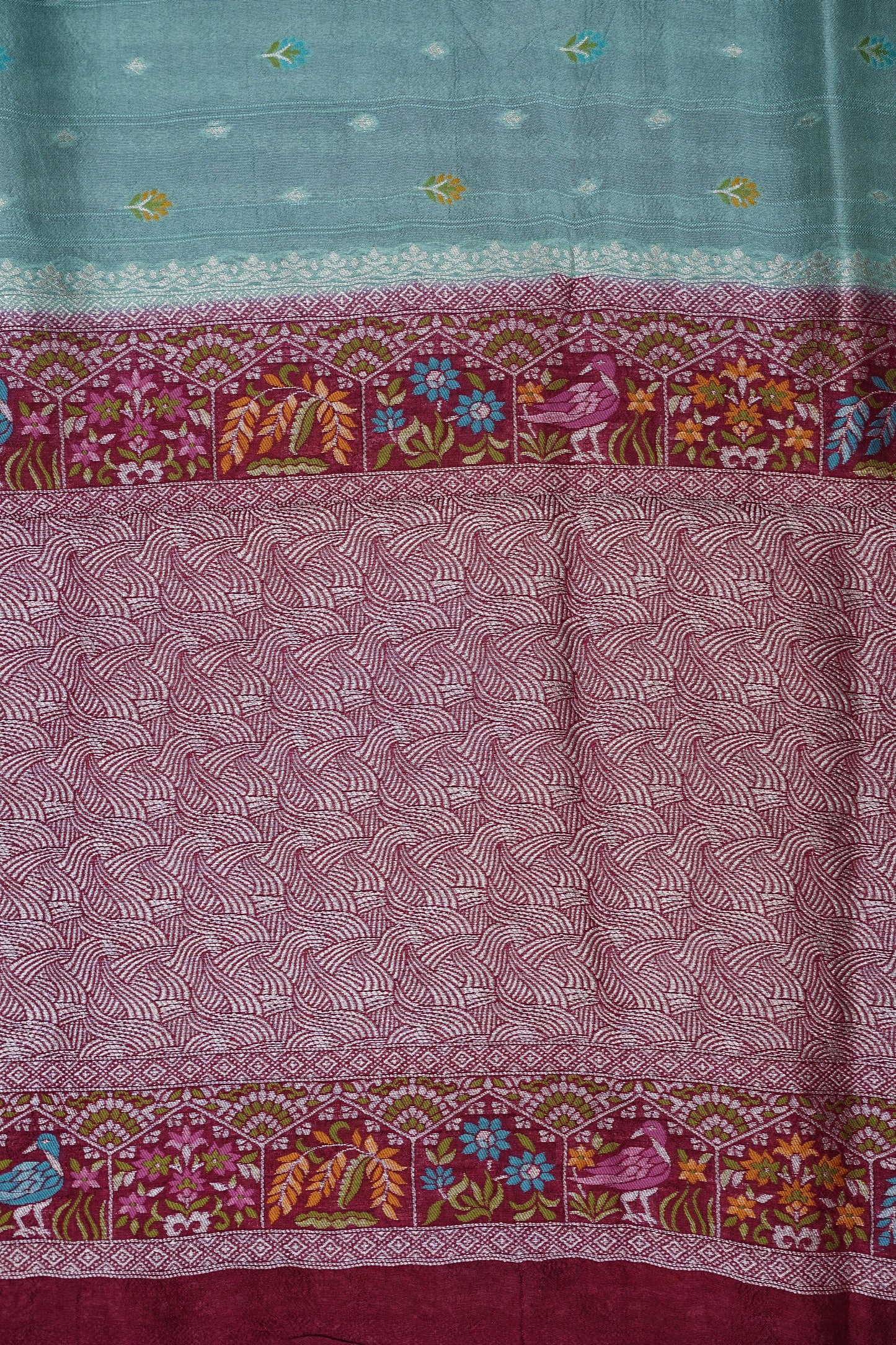 Tussar Banarasi Raw Silk Saree with Floral Paithani Weaves – Mint Green & Wine