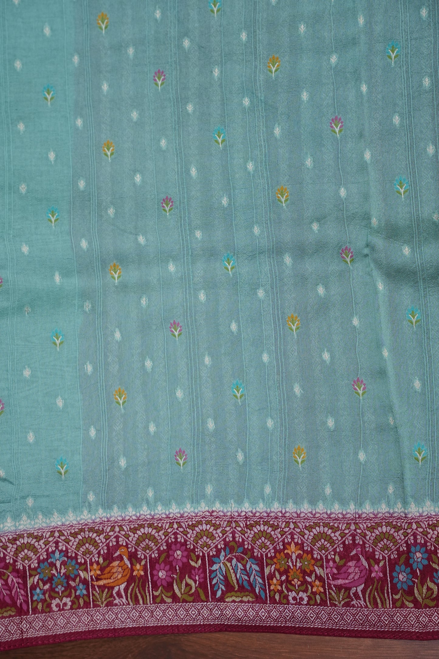 Tussar Banarasi Raw Silk Saree with Floral Paithani Weaves – Mint Green & Wine