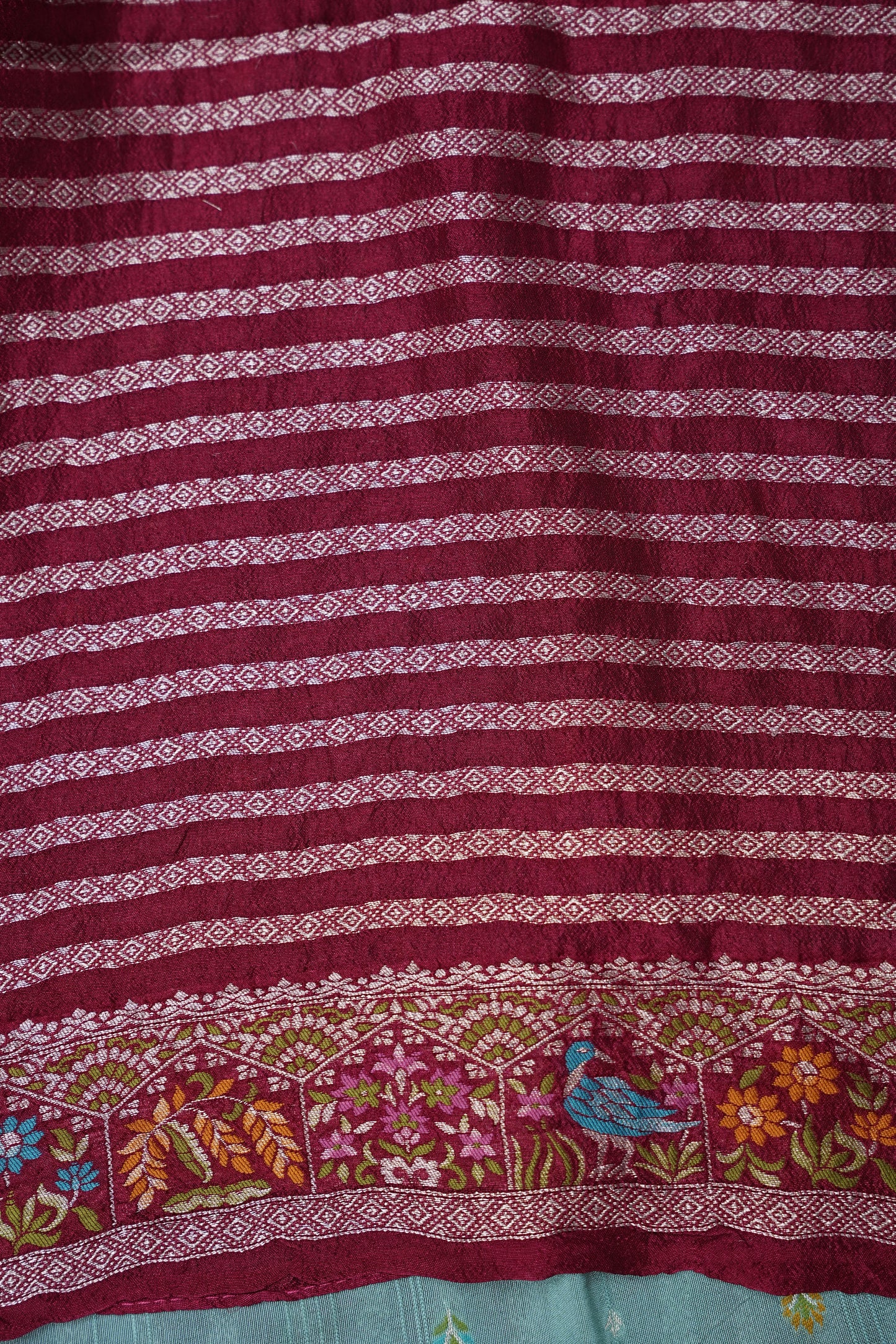 Tussar Banarasi Raw Silk Saree with Floral Paithani Weaves – Mint Green & Wine