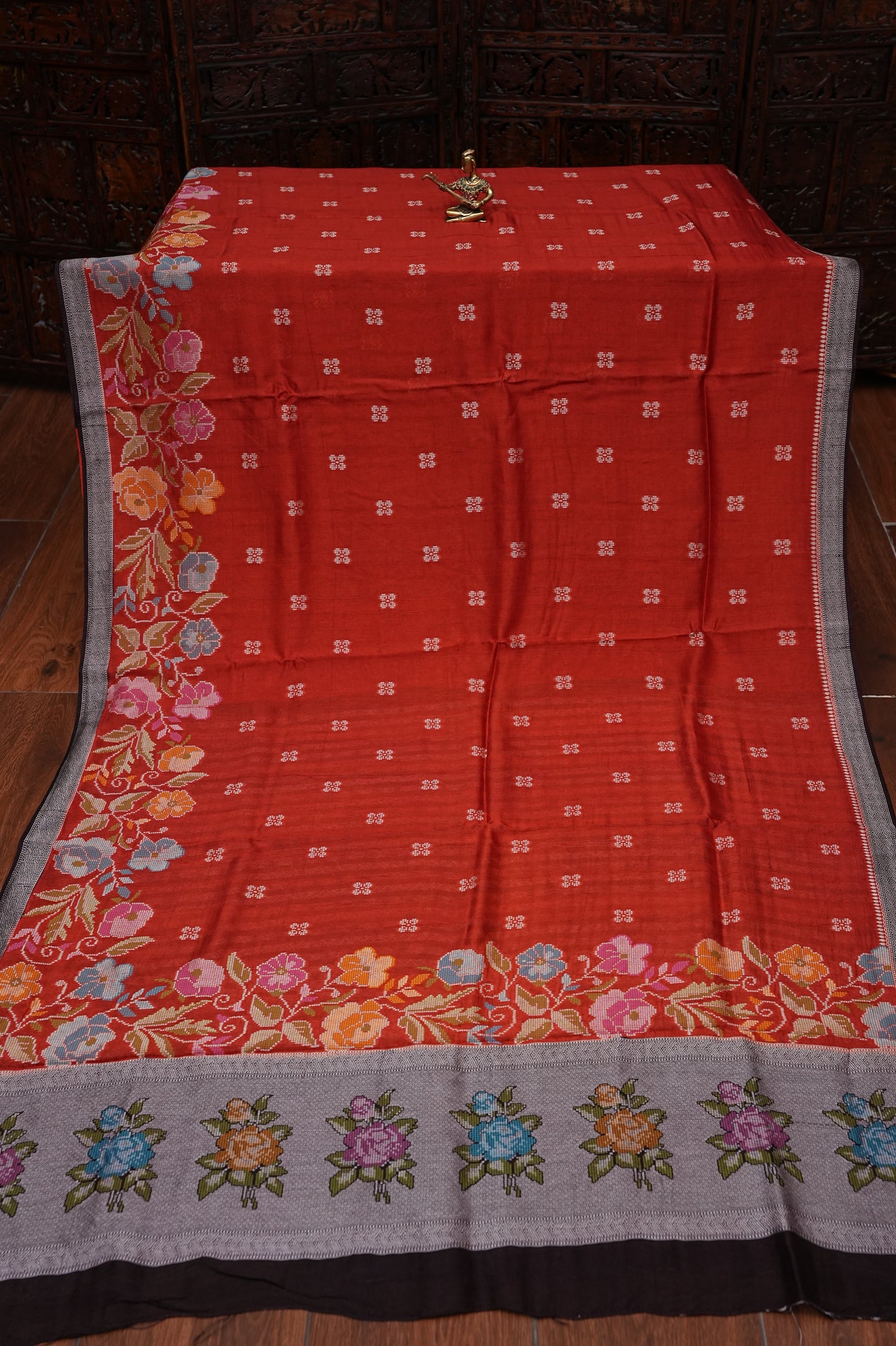Tussar Banarasi Raw Silk Saree with Floral Paithani Weaves – Burnt Orange & Black