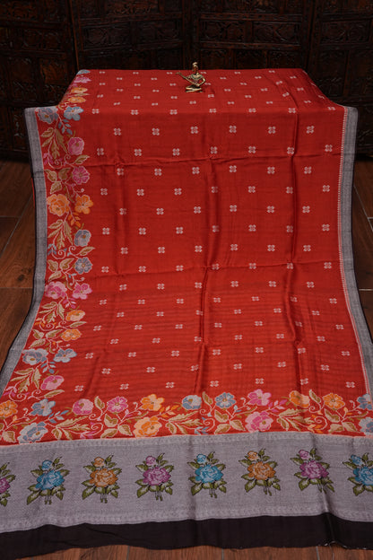 Tussar Banarasi Raw Silk Saree with Floral Paithani Weaves – Burnt Orange & Black