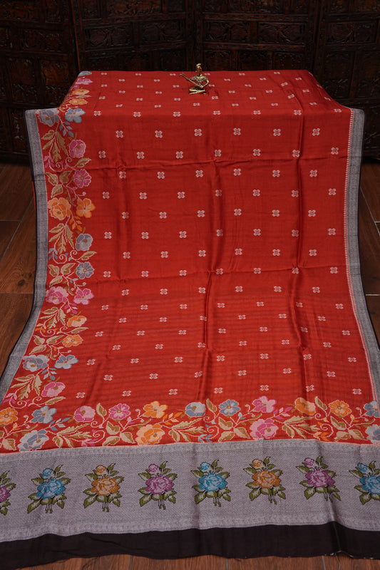 Tussar Banarasi Raw Silk Saree with Floral Paithani Weaves – Burnt Orange & Black