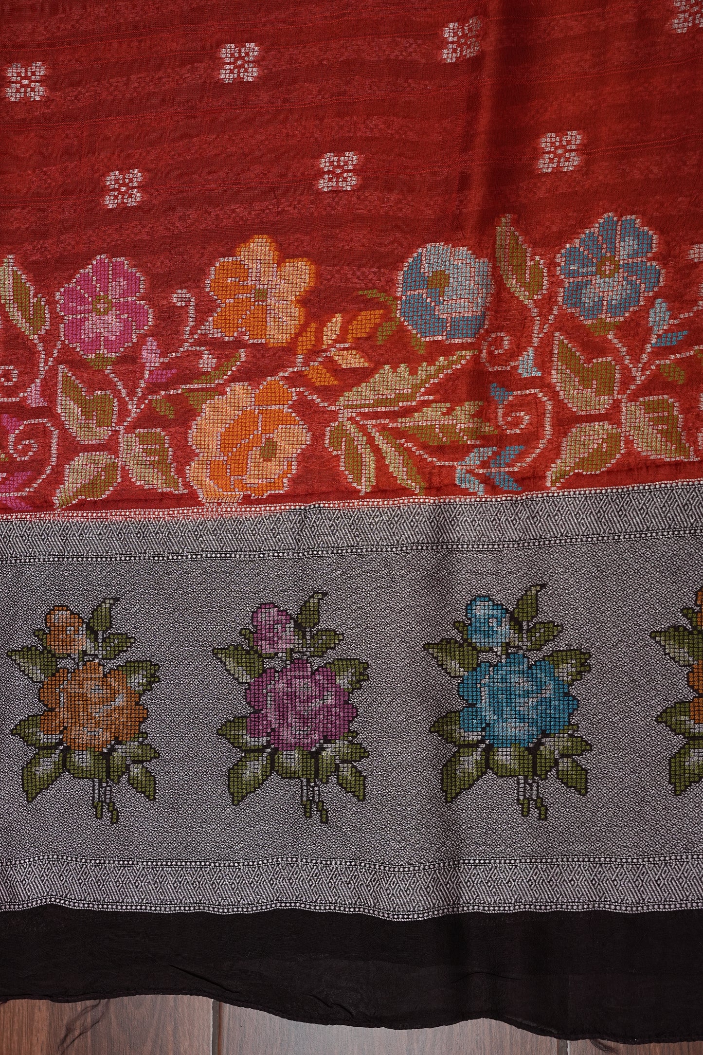 Tussar Banarasi Raw Silk Saree with Floral Paithani Weaves – Burnt Orange & Black
