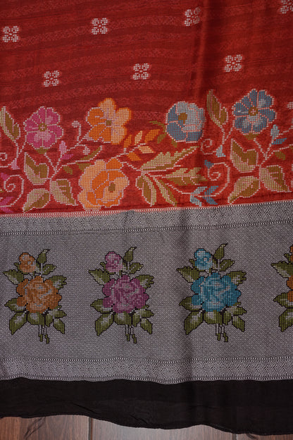 Tussar Banarasi Raw Silk Saree with Floral Paithani Weaves – Burnt Orange & Black