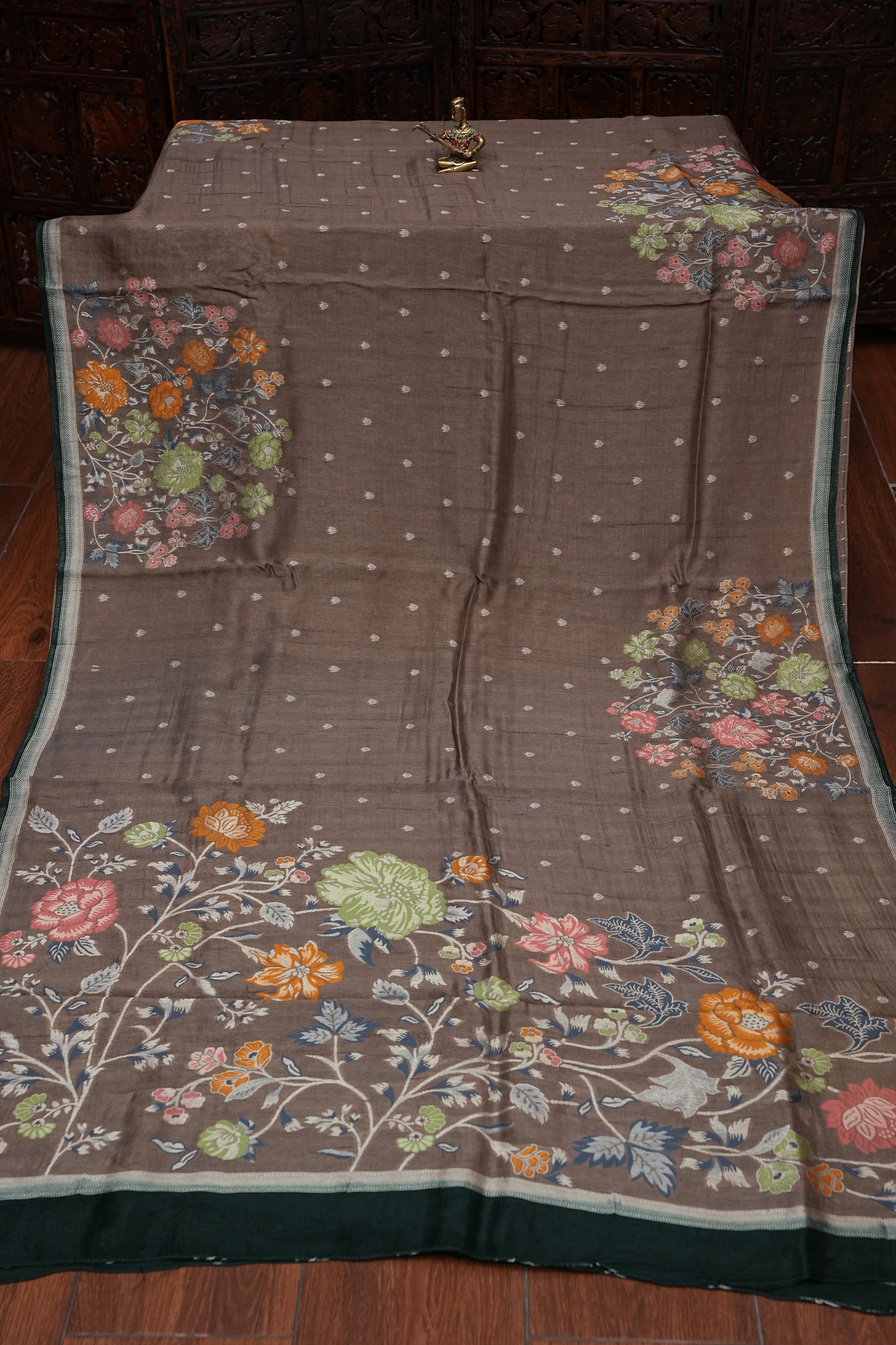 Tussar Banarasi Raw Silk Saree with Floral Digital Prints - Charcoal Grey