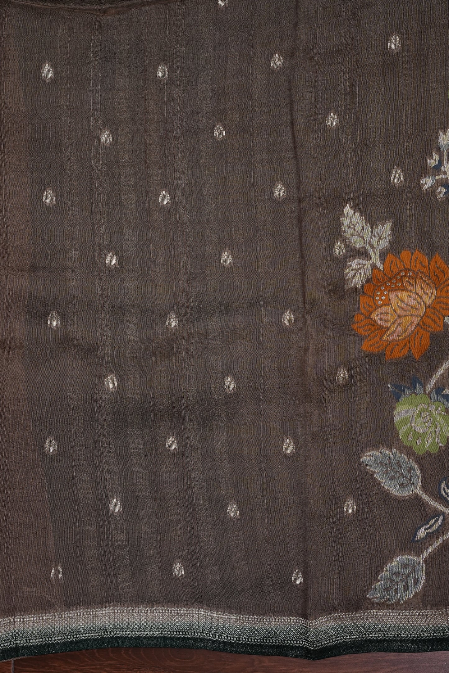 Tussar Banarasi Raw Silk Saree with Floral Digital Prints - Charcoal Grey