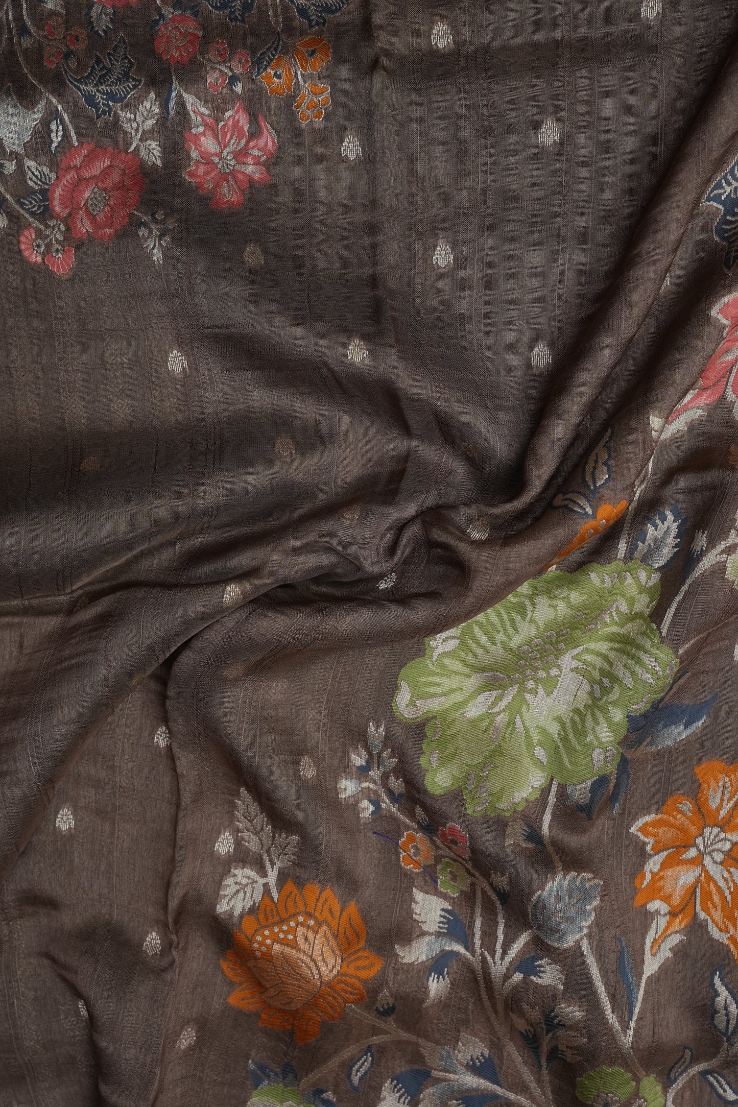 Tussar Banarasi Raw Silk Saree with Floral Digital Prints - Charcoal Grey