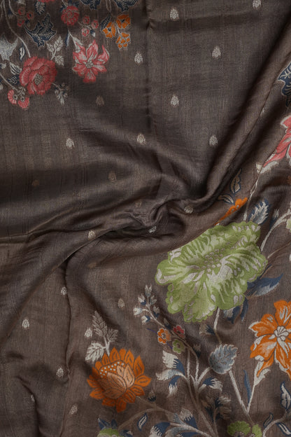Tussar Banarasi Raw Silk Saree with Floral Digital Prints - Charcoal Grey