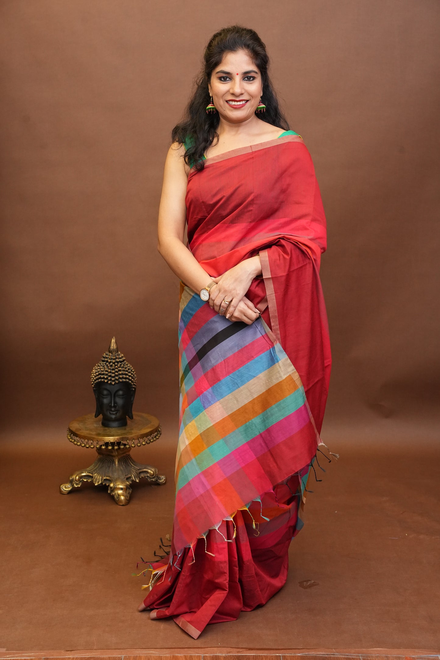 Checkered Cotton Saree - Pink