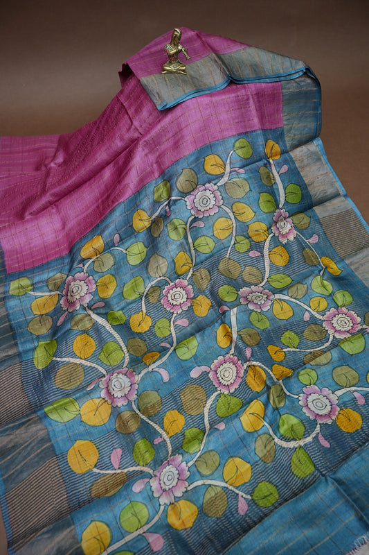 Premium Hand-Painted Tussar Silk Saree – Magenta Pink with Artistic Floral Pallu