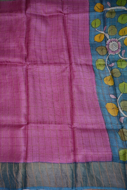 Premium Hand-Painted Tussar Silk Saree – Magenta Pink with Artistic Floral Pallu