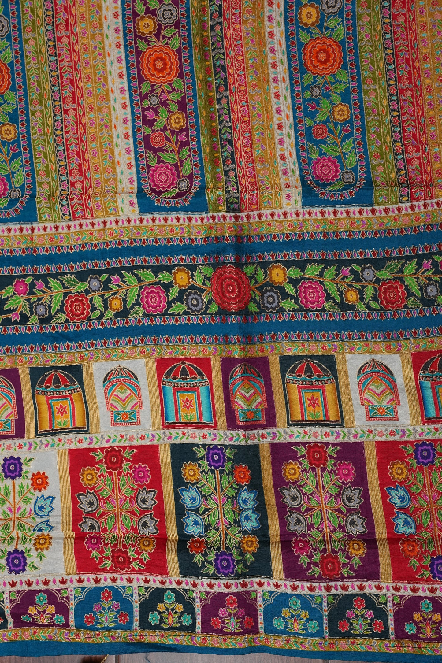 Kashmiri Pashmina Story Telling Saree -Multicolor on Teal Blue