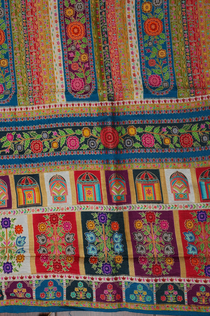 Kashmiri Pashmina Story Telling Saree -Multicolor on Teal Blue