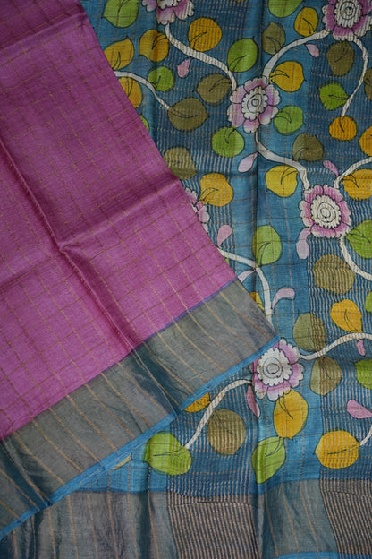 Premium Hand-Painted Tussar Silk Saree – Magenta Pink with Artistic Floral Pallu