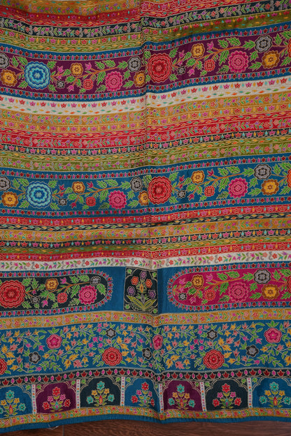 Kashmiri Pashmina Story Telling Saree -Multicolor on Teal Blue