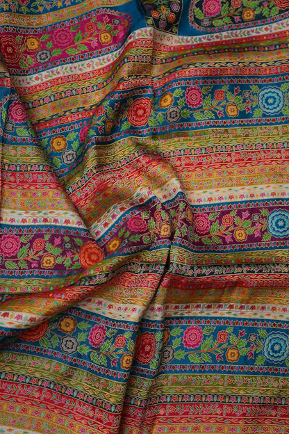 Kashmiri Pashmina Story Telling Saree -Multicolor on Teal Blue