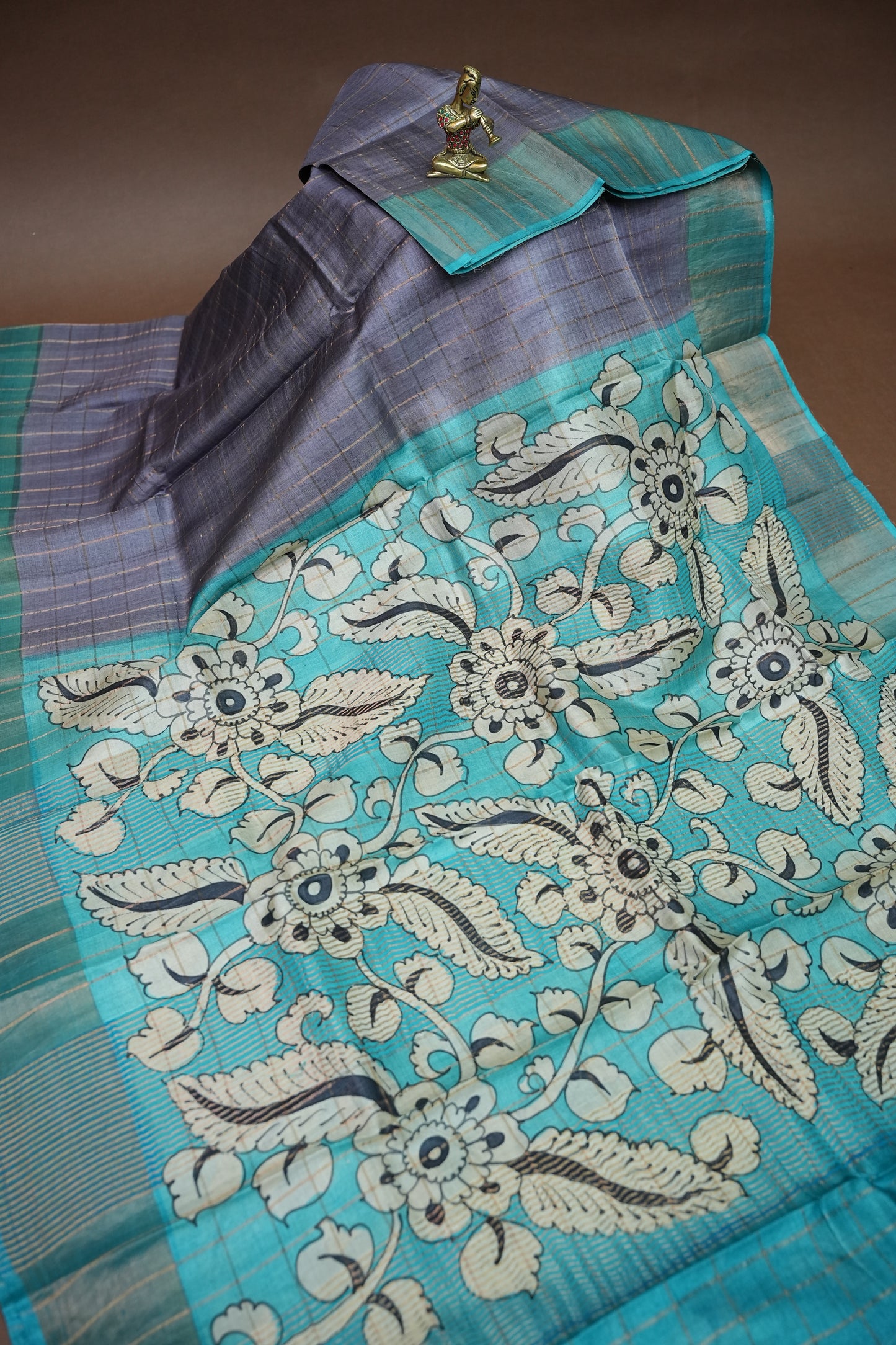 Premium Hand-Painted Tussar Silk Saree – Steel Grey with Aqua Blue Floral Pallu