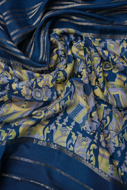 Crepe Silk Saree with Digital Kalamkari Print - Blue