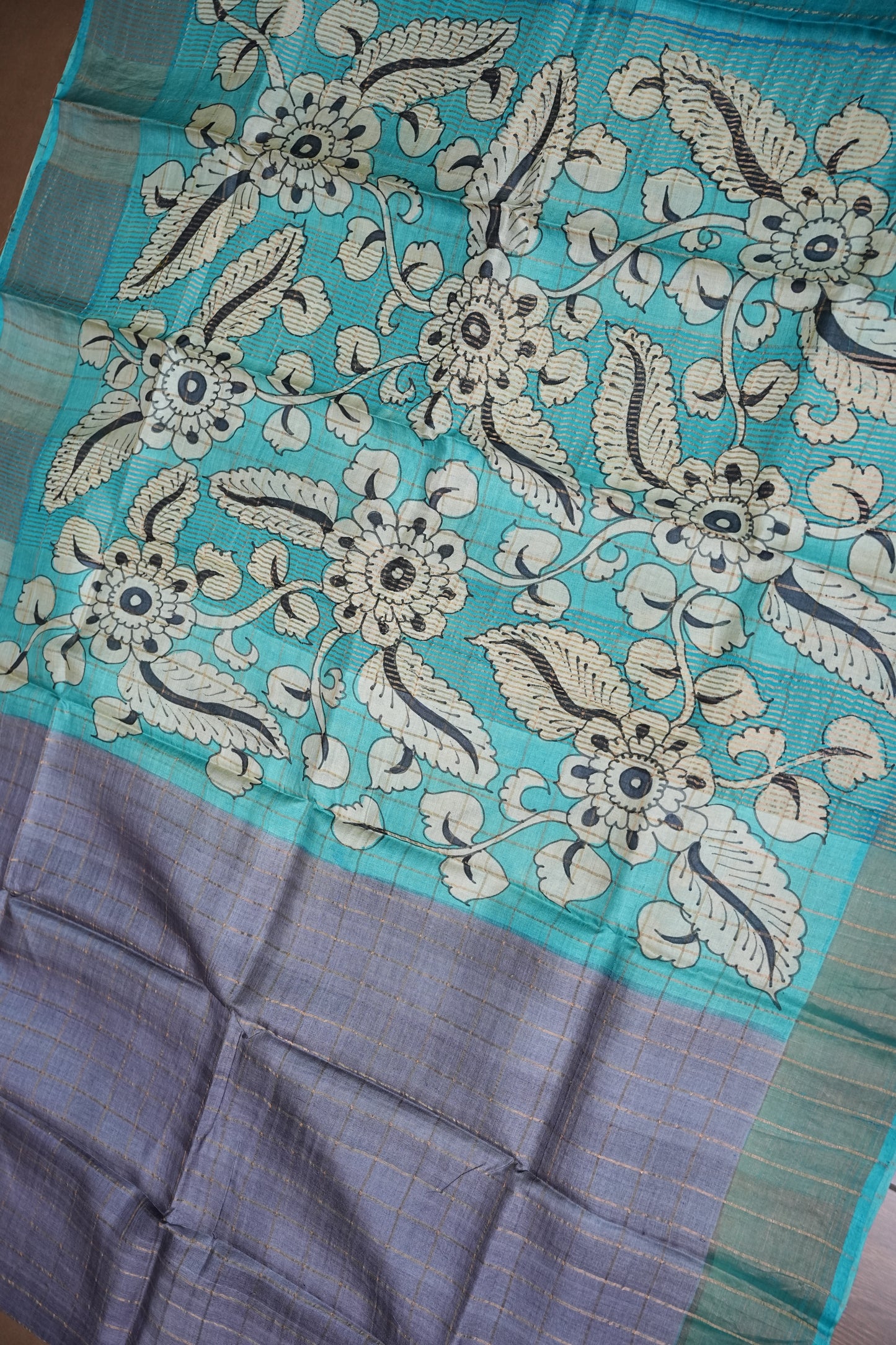 Premium Hand-Painted Tussar Silk Saree – Steel Grey with Aqua Blue Floral Pallu