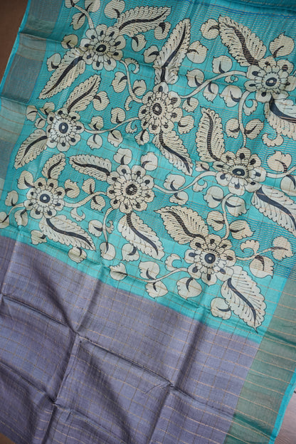 Premium Hand-Painted Tussar Silk Saree – Steel Grey with Aqua Blue Floral Pallu