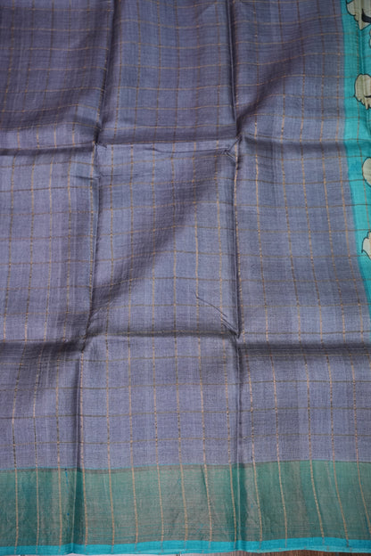 Premium Hand-Painted Tussar Silk Saree – Steel Grey with Aqua Blue Floral Pallu
