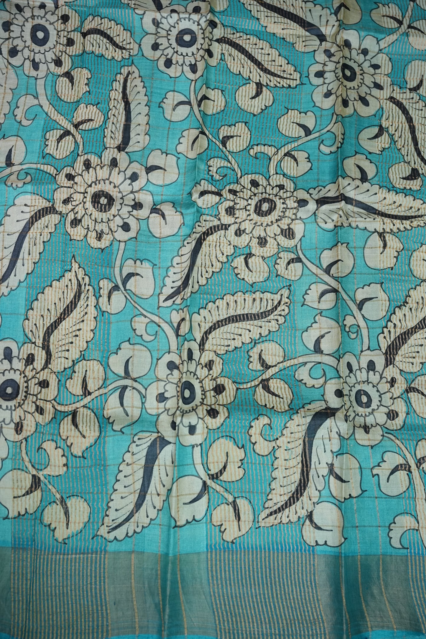Premium Hand-Painted Tussar Silk Saree – Steel Grey with Aqua Blue Floral Pallu