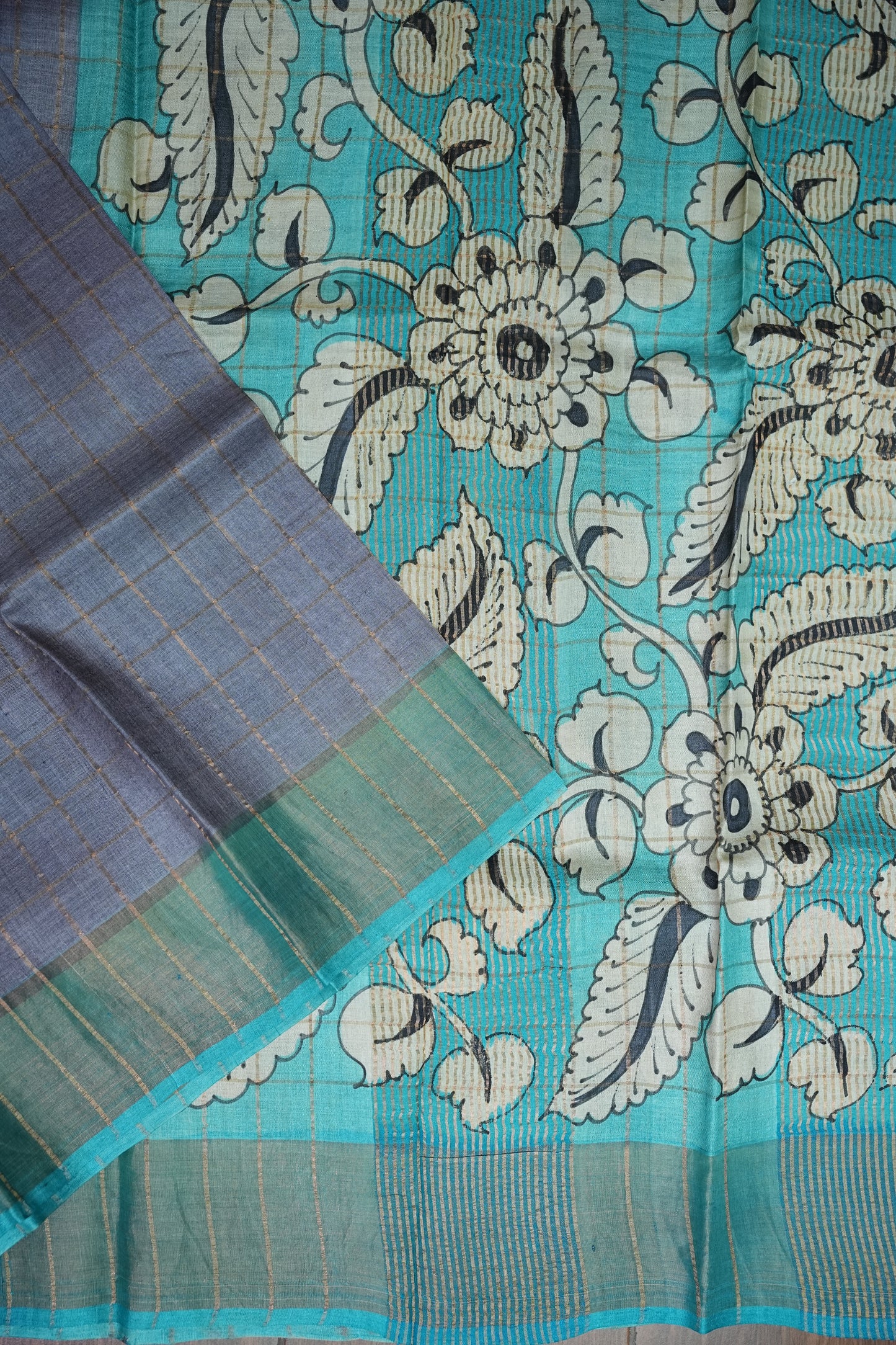 Premium Hand-Painted Tussar Silk Saree – Steel Grey with Aqua Blue Floral Pallu