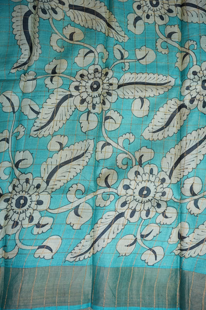 Premium Hand-Painted Tussar Silk Saree – Steel Grey with Aqua Blue Floral Pallu