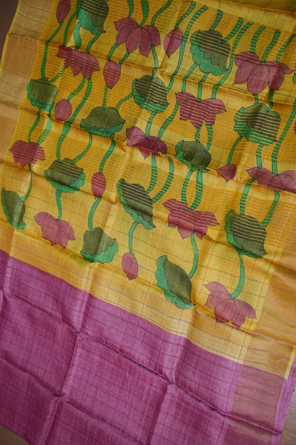 Premium Hand-Painted Tussar Silk Saree – Magenta with Mustard Yellow Lotus Pallu