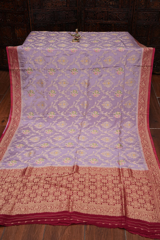 Banarasi Munga Silk Saree - Ice Lilac Lavender & Maroon