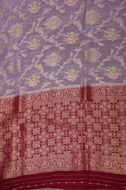 Banarasi Munga Silk Saree - Ice Lilac Lavender & Maroon