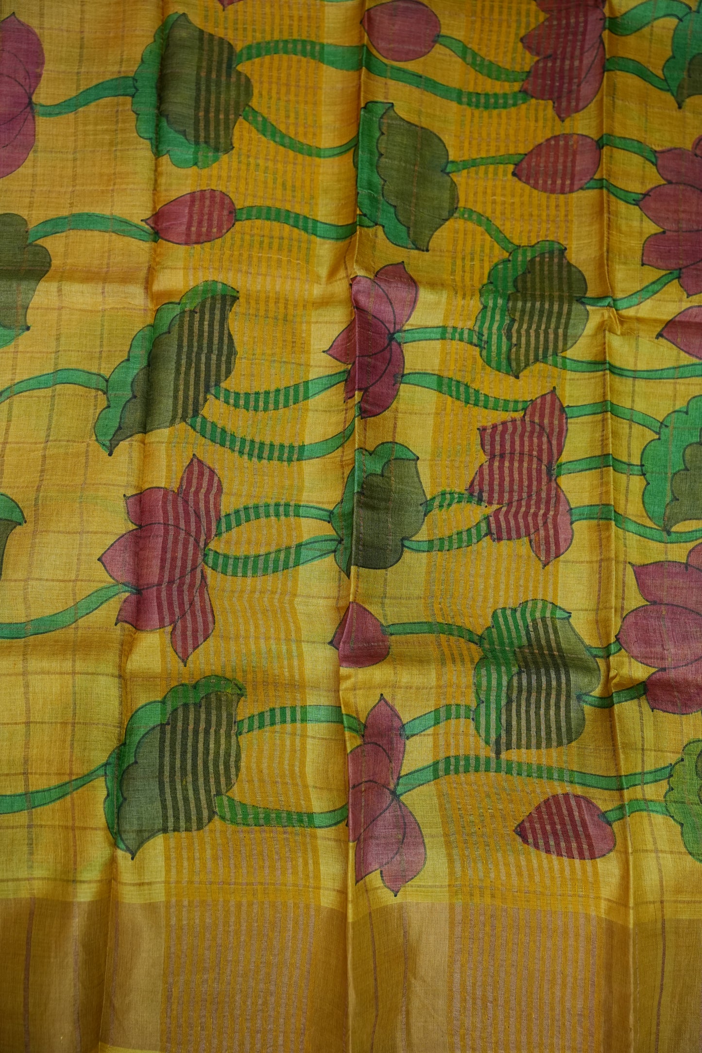 Premium Hand-Painted Tussar Silk Saree – Magenta with Mustard Yellow Lotus Pallu