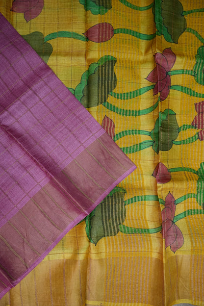 Premium Hand-Painted Tussar Silk Saree – Magenta with Mustard Yellow Lotus Pallu