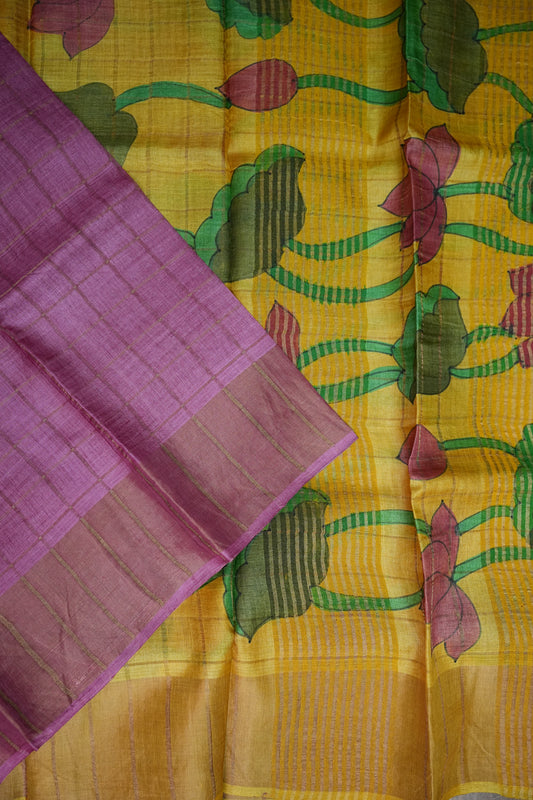 Premium Hand-Painted Tussar Silk Saree – Magenta with Mustard Yellow Lotus Pallu