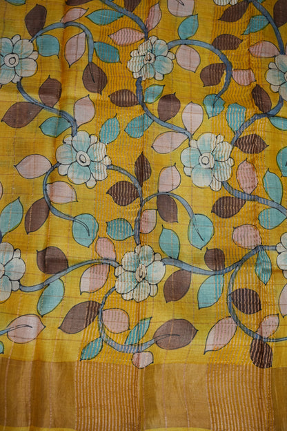 Premium Hand-Painted Tussar Silk Saree – Ivory with Mustard Floral Pallu