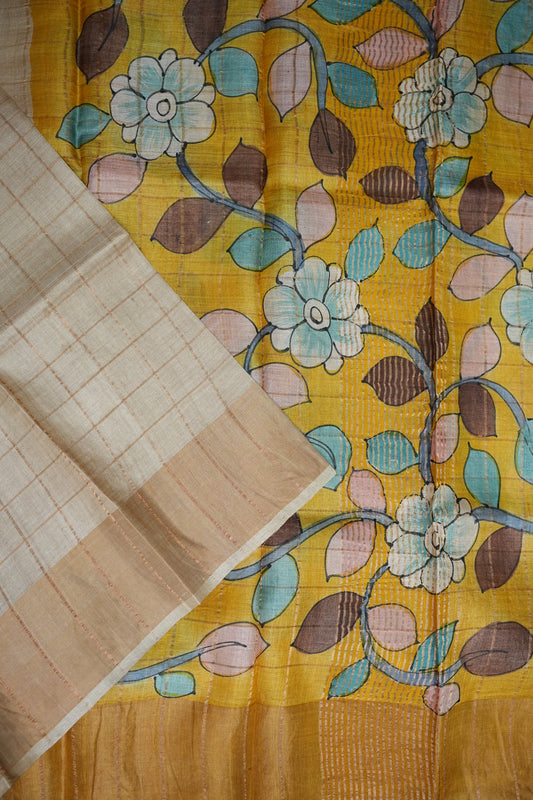 Premium Hand-Painted Tussar Silk Saree – Ivory with Mustard Floral Pallu